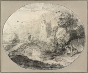 Flodlandskap med en bro och en kyrka av Thomas Gainsborough