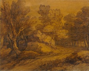 Scen med en väg som slingrar sig genom en skog av Thomas Gainsborough