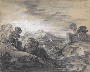 Skogbevuxen landskap med slott av Thomas Gainsborough