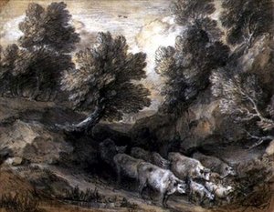 Skogbevuxen landskap med boskap och getter, ca 1768-72 (svartvit krita på papper) av Thomas Gainsborough