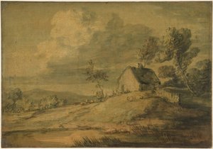 Skogslandskap med stuga, kor och får av Thomas Gainsborough