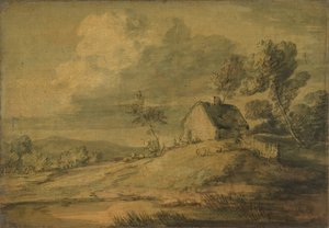 Skogbevuxen landskap med stuga, kor och får, ca. 1770. av Thomas Gainsborough