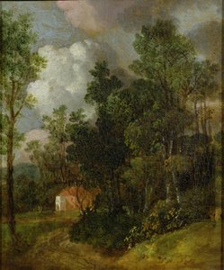 Skogbevuxen landskap med lanthus och två figurer, ca 1752 (olja på duk på duk) av Thomas Gainsborough