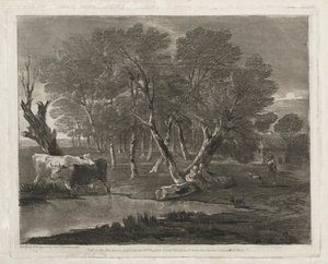 Skogbevuxen landskap med kor bredvid en pool, figurer och stuga av Thomas Gainsborough