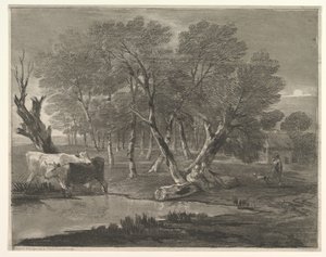 Skogbevuxen landskap med kor bredvid en pool, figurer och stuga, 1775-80. av Thomas Gainsborough