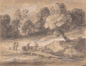 Trädbevuxen landskap med figurer på hästryggen som korsar en bro av Thomas Gainsborough