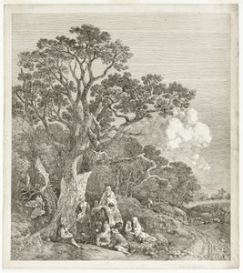Skogbevuxen landskap med zigenare samlade runt en eld av Thomas Gainsborough