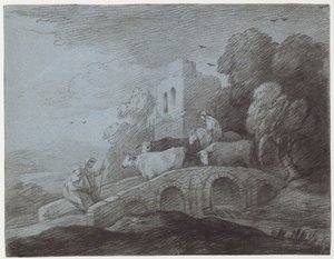 Skogbevuxen landskap med herdsman som driver boskap (etsning på papper) av Thomas Gainsborough