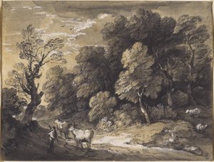 Skoglandskap med herdsman och boskap, ca 1775-80 (svart krita & gråsvarta tvättar, förhöjd med vit gouache på lagt papper) av Thomas Gainsborough