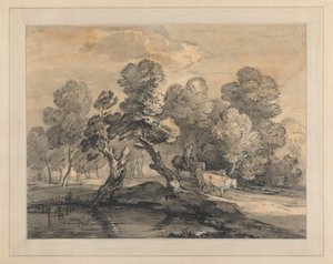 Skogbevuxen landskap med herdsman och kor av Thomas Gainsborough