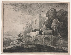 Skogbevuxen landskap med herdar som driver boskap, 1779-1780. av Thomas Gainsborough