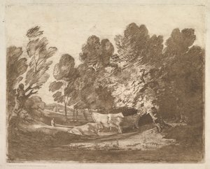 Skogbevuxen landskap med herdar och kor, 1 augusti 1797. av Thomas Gainsborough