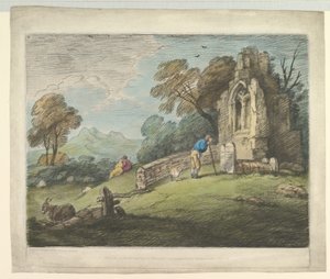 Skogbevuxen landskap med bondeläsande gravsten, rustika älskare och ruinerad kyrka, 1 augusti 1797. av Thomas Gainsborough