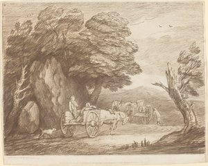 Skogbevuxen landskap med två land vagnar och figurer av Thomas Gainsborough
