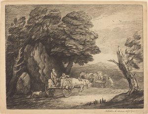 Skogbevuxen landskap med två land vagnar och figurer av Thomas Gainsborough