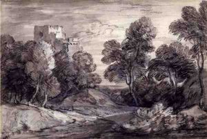 Skogslandskap med slott (krita och kol på papper) av Thomas Gainsborough