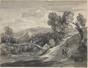 Skogklätt höglandslandskap med en bro av Thomas Gainsborough