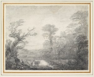 Skogbevuxet landskap med herde, kor och kyrktorn av Thomas Gainsborough