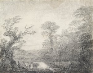 Skogsbevuxet landskap med herde, kor och kyrktorn, 1753-1757 av Thomas Gainsborough