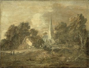 Skogbevuxet landskap med byscen, tidigt 1770-72 av Thomas Gainsborough
