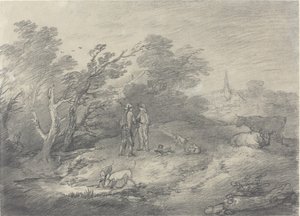 Skogar nära en by med kaninfångare och deras vinthundar av Thomas Gainsborough