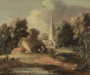 Landskap med stuga och kyrka