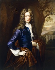 Porträtt av en gentleman, 37 år, tre fjärdedels längd, i en blå rock och en brun mantel, med ett hus i stil med Smith of Warwick i bakgrunden, 1710