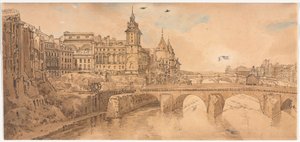 Ett urval av tjugo av de mest pittoreska vyerna i Paris: Utsikt över Pont au Change, Stadsteatern, Pont Neuf, Conciergerie-fängelset och taget från Pont Notre Dame av Thomas Girtin
