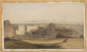En vidsträckt byggnad med lantbruksbyggnader och en kyrkoruin av Thomas Girtin