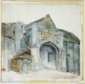 The Tithe Barn, Abbotsbury (akvarell på papper) av Thomas Girtin