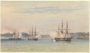 Kinakriget 1857, tre av HM:s fartyg bombarderar och fartygsbåtar vid kusten av Thomas Goldsworth Dutton
