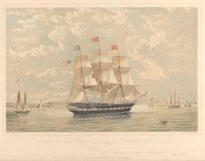 New York and London Packet-fartyget Victoria (på väg in i New Yorks hamn), ca 1839-44 (litografi, färglagd) av Thomas Goldsworth Dutton