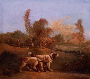 Spaniels i ett landskap med djurhållare