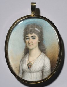 Porträtt av en kvinna som bär en miniatyr, ca. 1780. av Thomas Hazlehurst