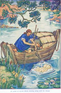 En kista av kristall flyter längs strömmen (färglitografi) av Thomas Heath Robinson