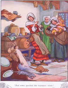 Och till och med förstörde kvinnornas chattar (färglitografi) av Thomas Heath Robinson
