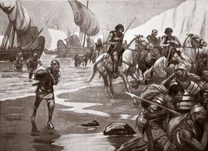 Caesars andra landstigning, 54 f.Kr., illustration från "Hutchinson