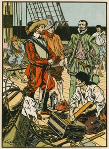 Tillfångatagen skatt. Sir Francis Drake (färglitografi) av Thomas Heath Robinson