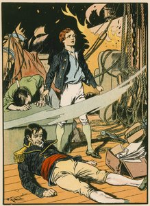 Casabianca på det brinnande fartyget (färglitografi) av Thomas Heath Robinson