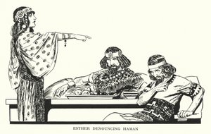 Ester fördömer Haman (litografi) av Thomas Heath Robinson