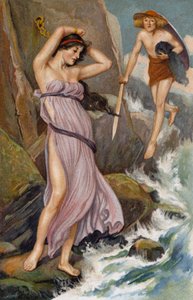 Full av medlidande ... ... ... Perseus närmade sig och såg på jungfrun (chromolitho) av Thomas Heath Robinson