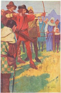 Han spände sin båge för ett kort ögonblick och lossade sedan strängen (färglitografi) av Thomas Heath Robinson