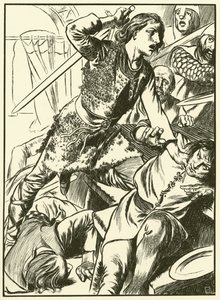 Hereward och hans män attackerar normanderna (gravyr) av Thomas Heath Robinson