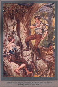 Jack, vars temperament alltid var obetänksamt, hade slagit hårt mot binas bo (färglitografi) av Thomas Heath Robinson