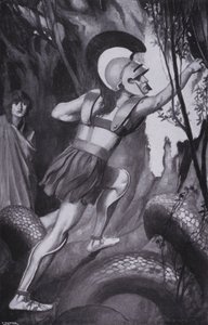 Jason hoppade fram ... och slet skinnet av trädstammen (litografi) av Thomas Heath Robinson