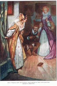 Mary, som kastade undan gobelängen, stod och stirrade på dem med ögon som tycktes blixtrande av eld (färglitografi)