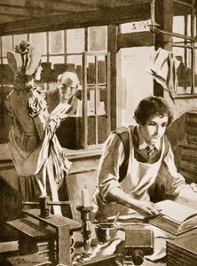 Michael Faraday som lärling hos en bokhandlare läser en encyklopedi (litografi) av Thomas Heath Robinson
