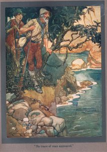Inga spår av människan syntes till (färglitografi) av Thomas Heath Robinson