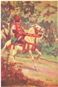 Robin och hans följeslagare såg mäster Patrington rida mot dem (färglitografi) av Thomas Heath Robinson