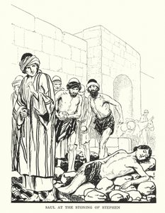 Saul vid steningen av Stefanus (litografi) av Thomas Heath Robinson